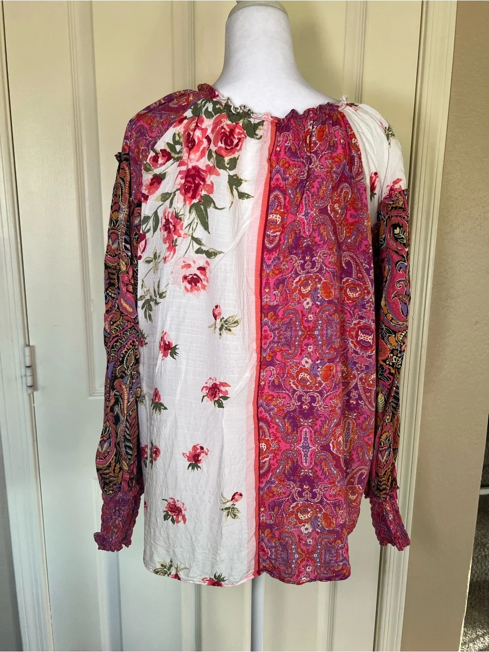 Free People Gemini Patchwork Floral Paisley Blouse Pink Boho Size L